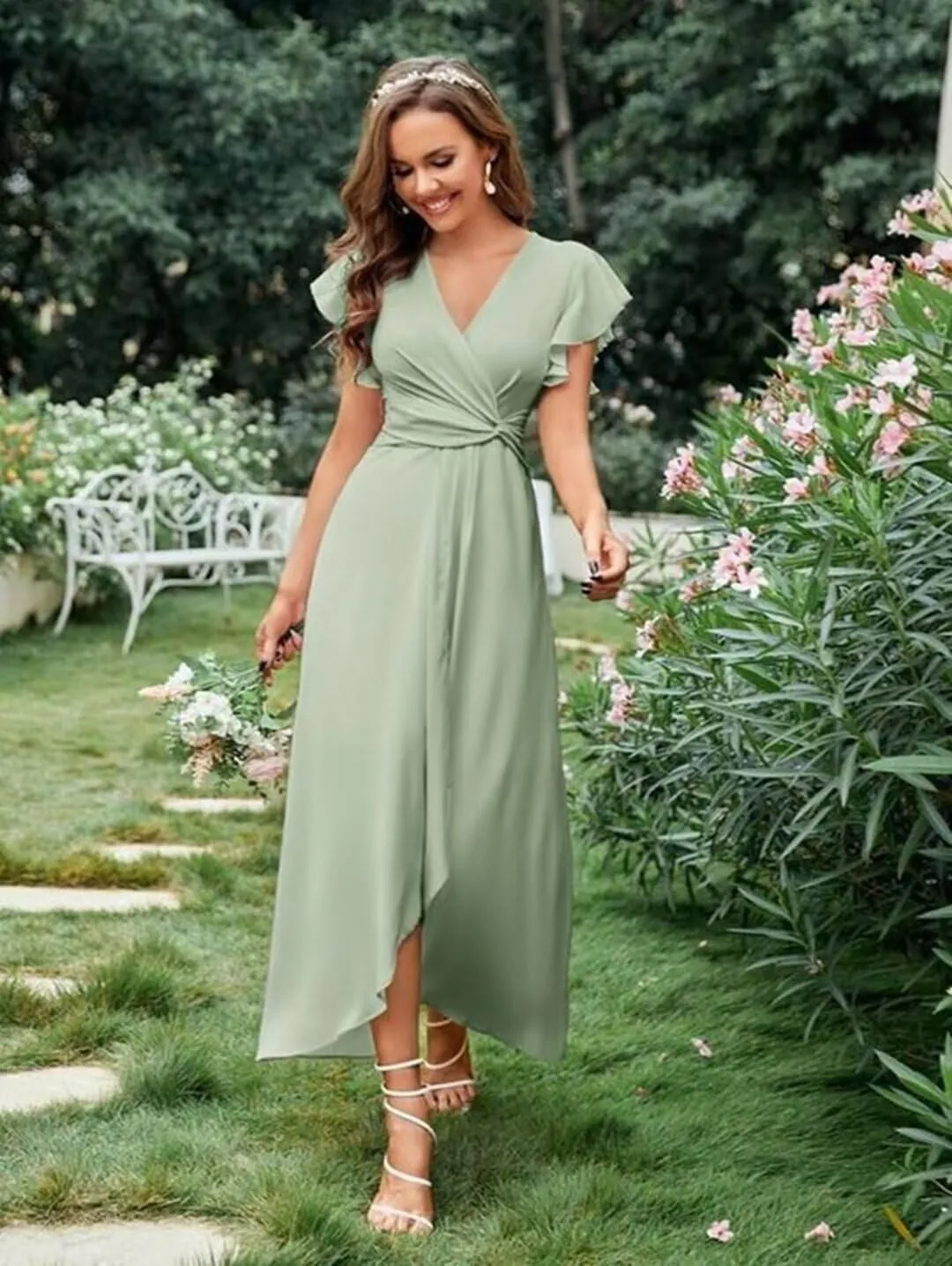 Women's V-Neck Chiffon Bridesmaid Dress 2024 High Low Ruched Prom Dress A Line Short Sleeve Formal Evening Dress