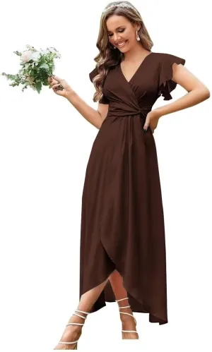 Women's V-Neck Chiffon Bridesmaid Dress 2024 High Low Ruched Prom Dress A Line Short Sleeve Formal Evening Dress