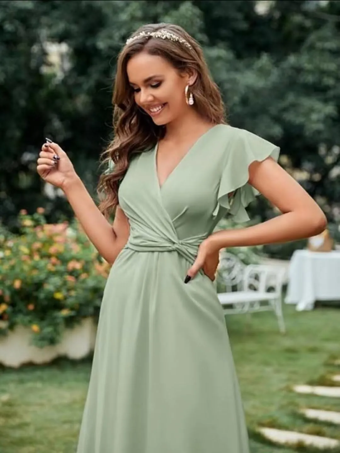 Women's V-Neck Chiffon Bridesmaid Dress 2024 High Low Ruched Prom Dress A Line Short Sleeve Formal Evening Dress