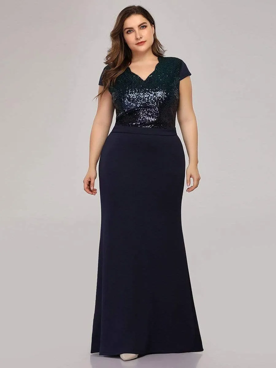 Women's V-Neck Mermaid Sequin and satin Evening Party Dress
