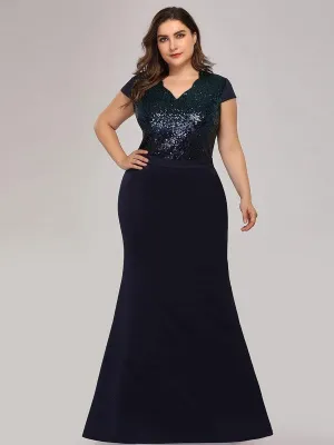 Women's V-Neck Mermaid Sequin and satin Evening Party Dress
