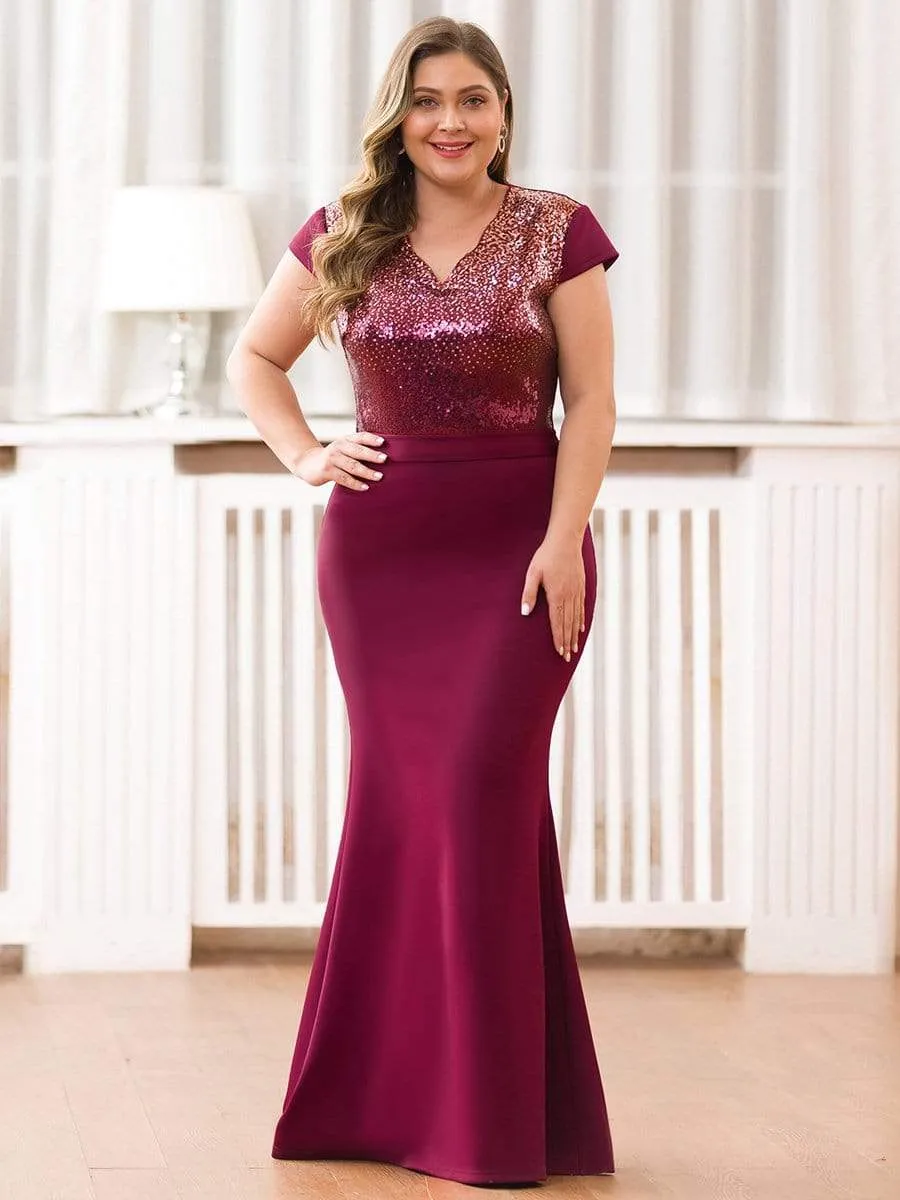 Women's V-Neck Mermaid Sequin and satin Evening Party Dress