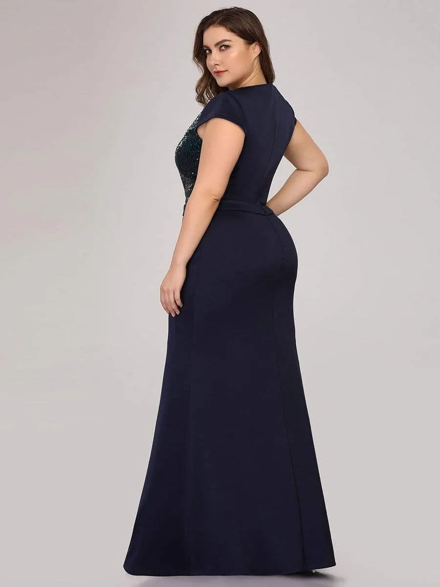 Women's V-Neck Mermaid Sequin and satin Evening Party Dress