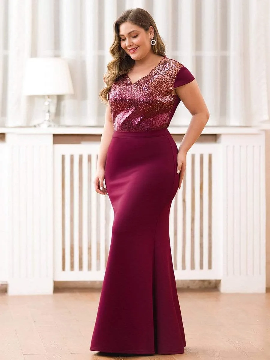 Women's V-Neck Mermaid Sequin and satin Evening Party Dress