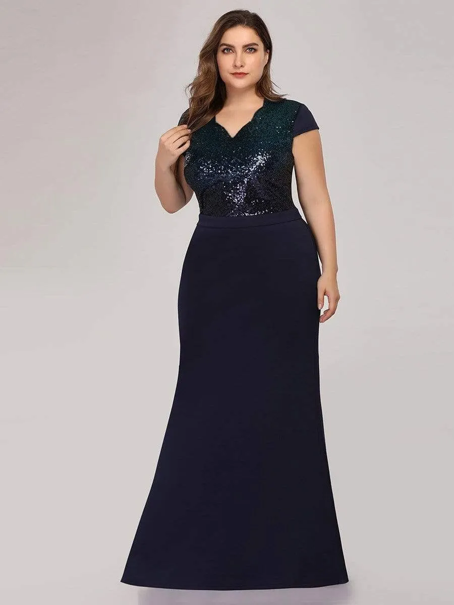 Women's V-Neck Mermaid Sequin and satin Evening Party Dress