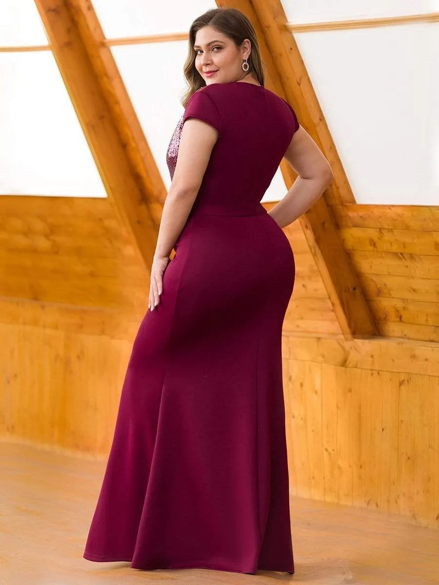 Women's V-Neck Mermaid Sequin and satin Evening Party Dress