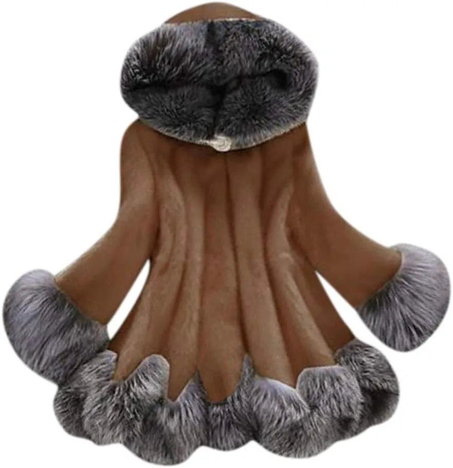 Womens Warm Faux Fur Coat Elegant Winter Jackets for Women Patchwork Cardigan Outerwear Plus Size Furry Hooded Coats