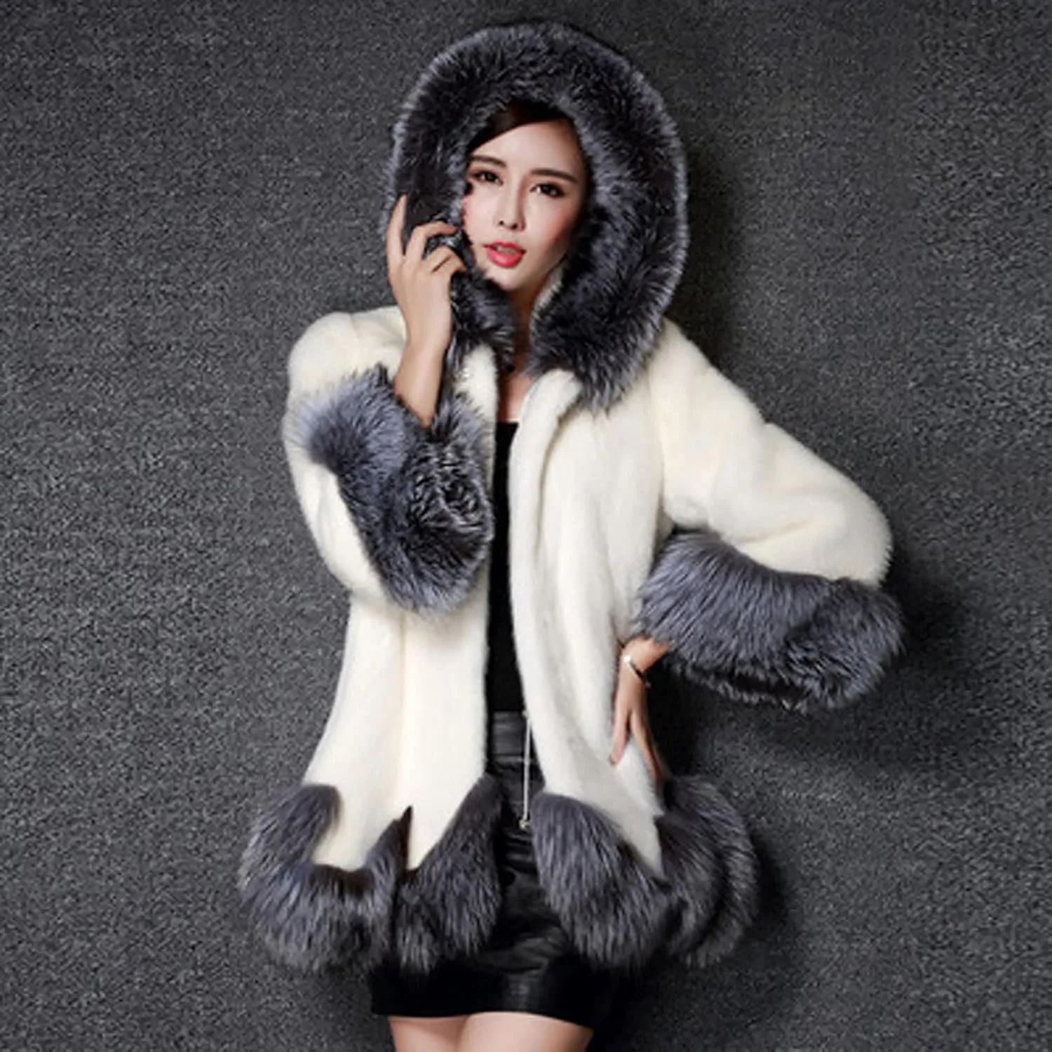 Womens Warm Faux Fur Coat Elegant Winter Jackets for Women Patchwork Cardigan Outerwear Plus Size Furry Hooded Coats