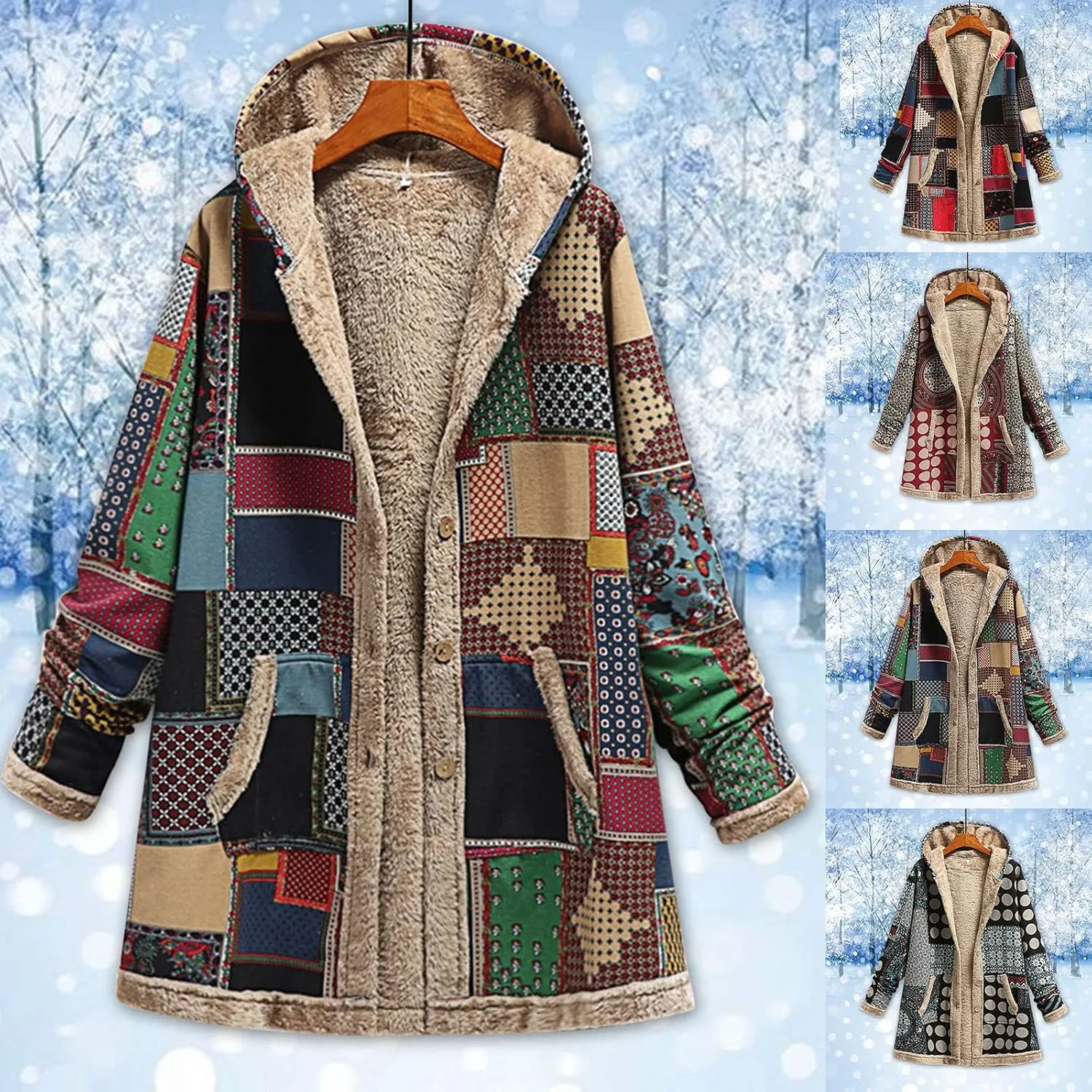 Women's Warm Winter Coat Fleece Lined Parka Western Aztec Print Jacket Vintage Coat Cardigan Outerwear with Pockets