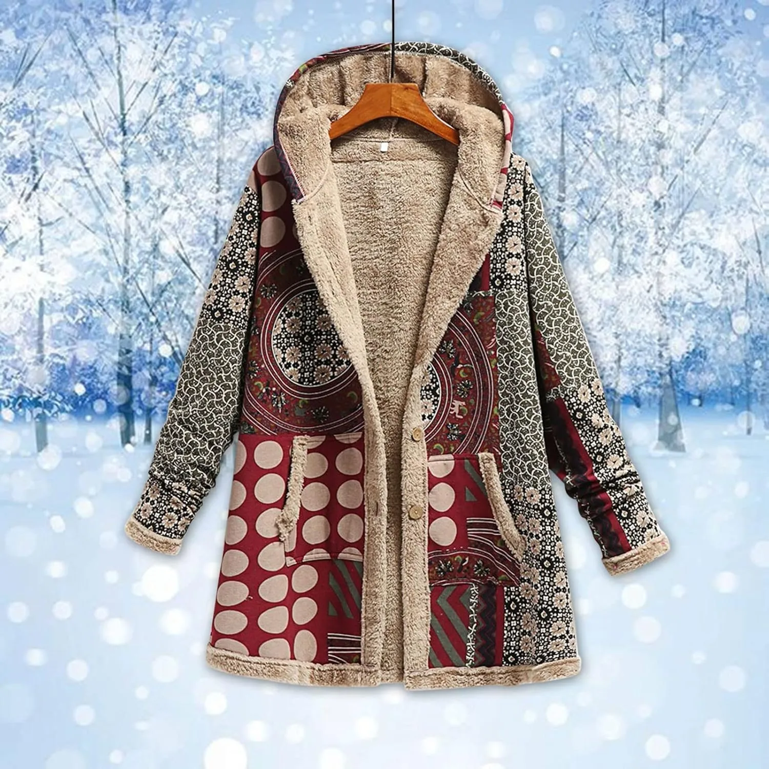 Women's Warm Winter Coat Fleece Lined Parka Western Aztec Print Jacket Vintage Coat Cardigan Outerwear with Pockets