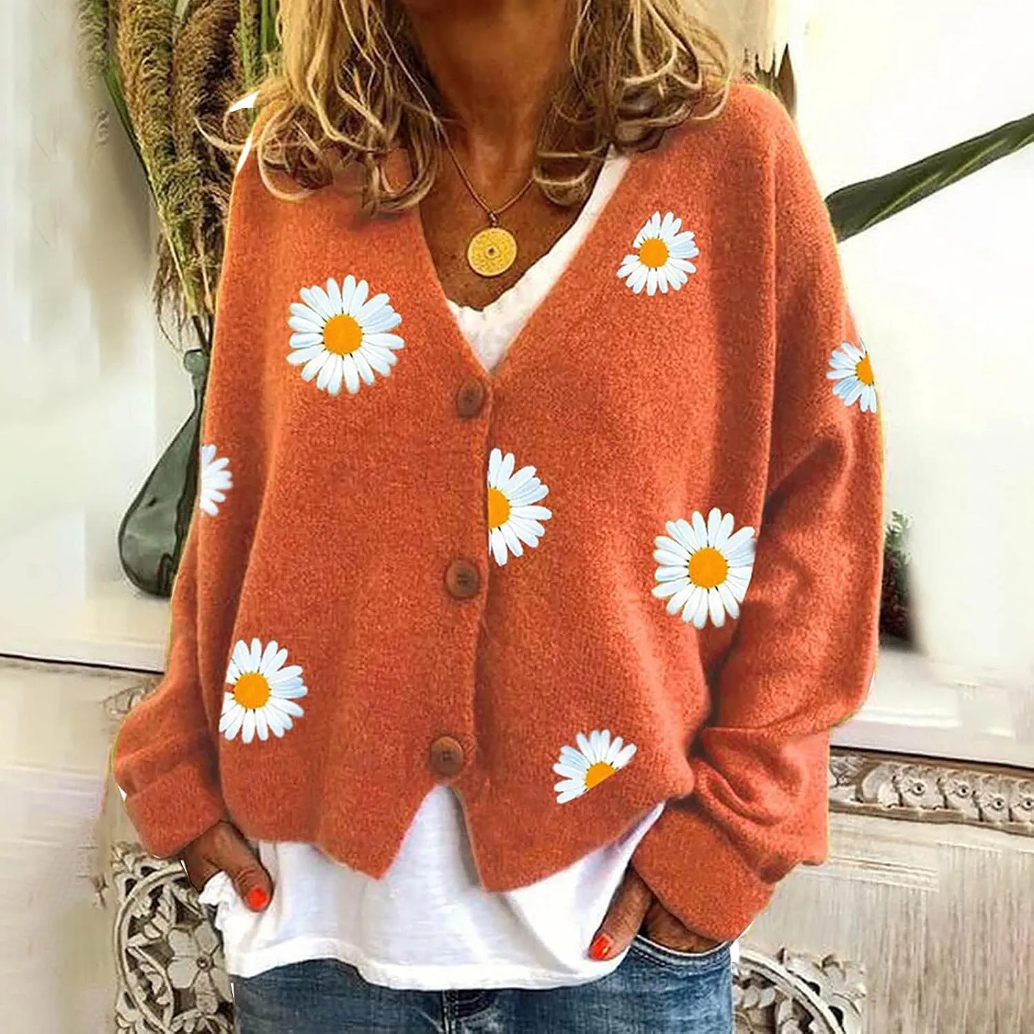 Women's Winter Casual Coats Fashion Floral Printed Long Sleeve Knitted Cardigan Sweater Coat Crop Button Jackets