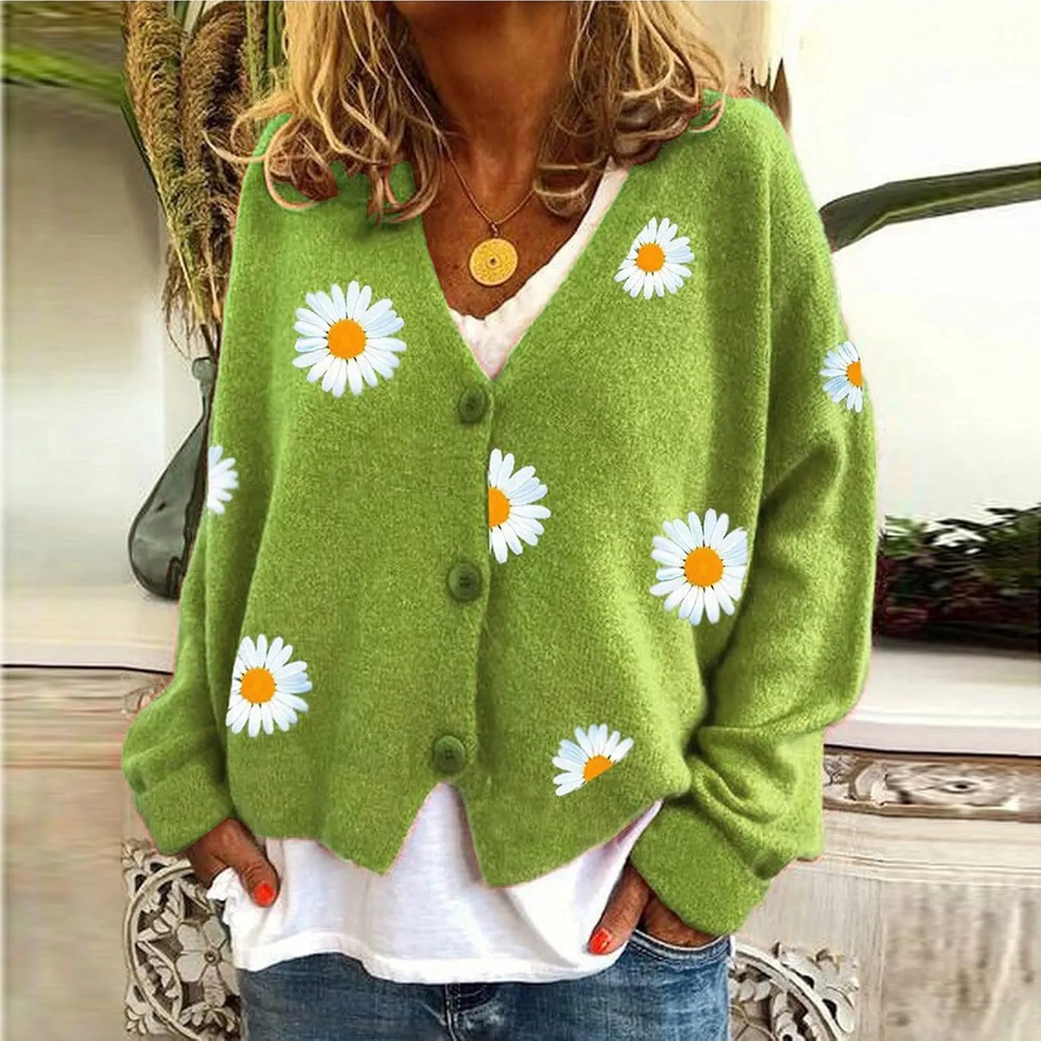 Women's Winter Casual Coats Fashion Floral Printed Long Sleeve Knitted Cardigan Sweater Coat Crop Button Jackets