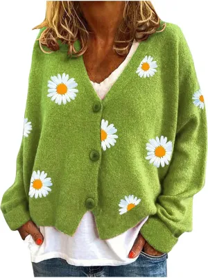 Women's Winter Casual Coats Fashion Floral Printed Long Sleeve Knitted Cardigan Sweater Coat Crop Button Jackets