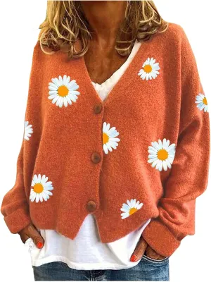 Women's Winter Casual Coats Fashion Floral Printed Long Sleeve Knitted Cardigan Sweater Coat Crop Button Jackets
