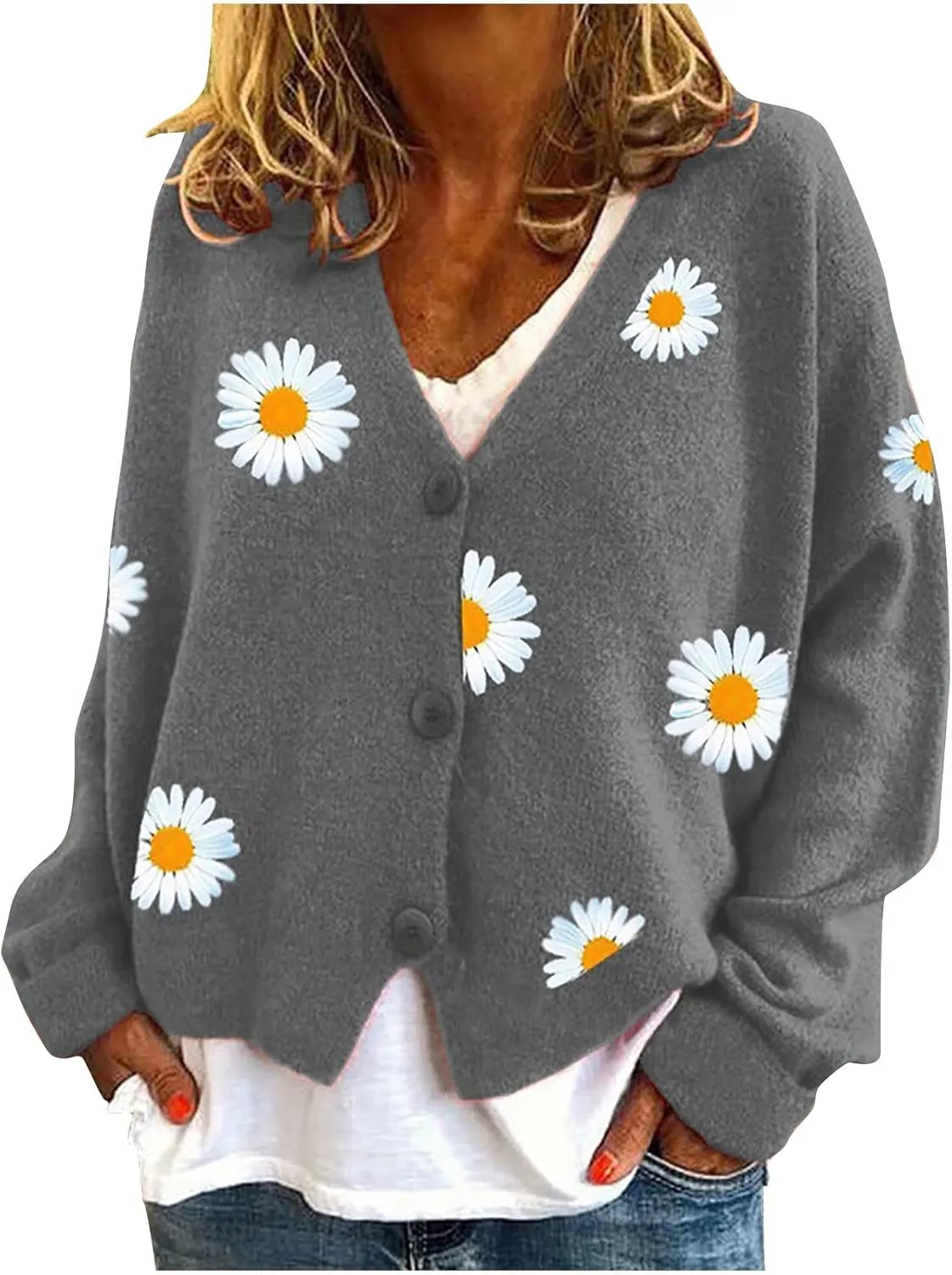 Women's Winter Casual Coats Fashion Floral Printed Long Sleeve Knitted Cardigan Sweater Coat Crop Button Jackets
