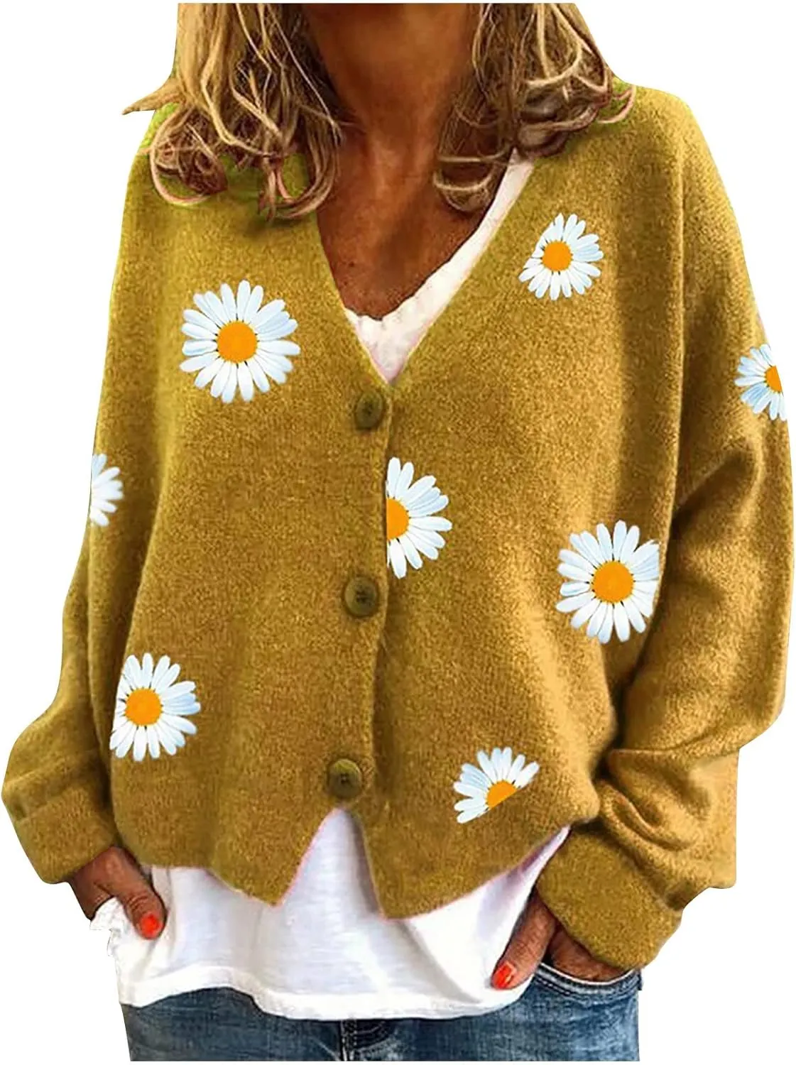 Women's Winter Casual Coats Fashion Floral Printed Long Sleeve Knitted Cardigan Sweater Coat Crop Button Jackets