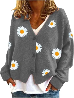 Women's Winter Casual Coats Fashion Floral Printed Long Sleeve Knitted Cardigan Sweater Coat Crop Button Jackets