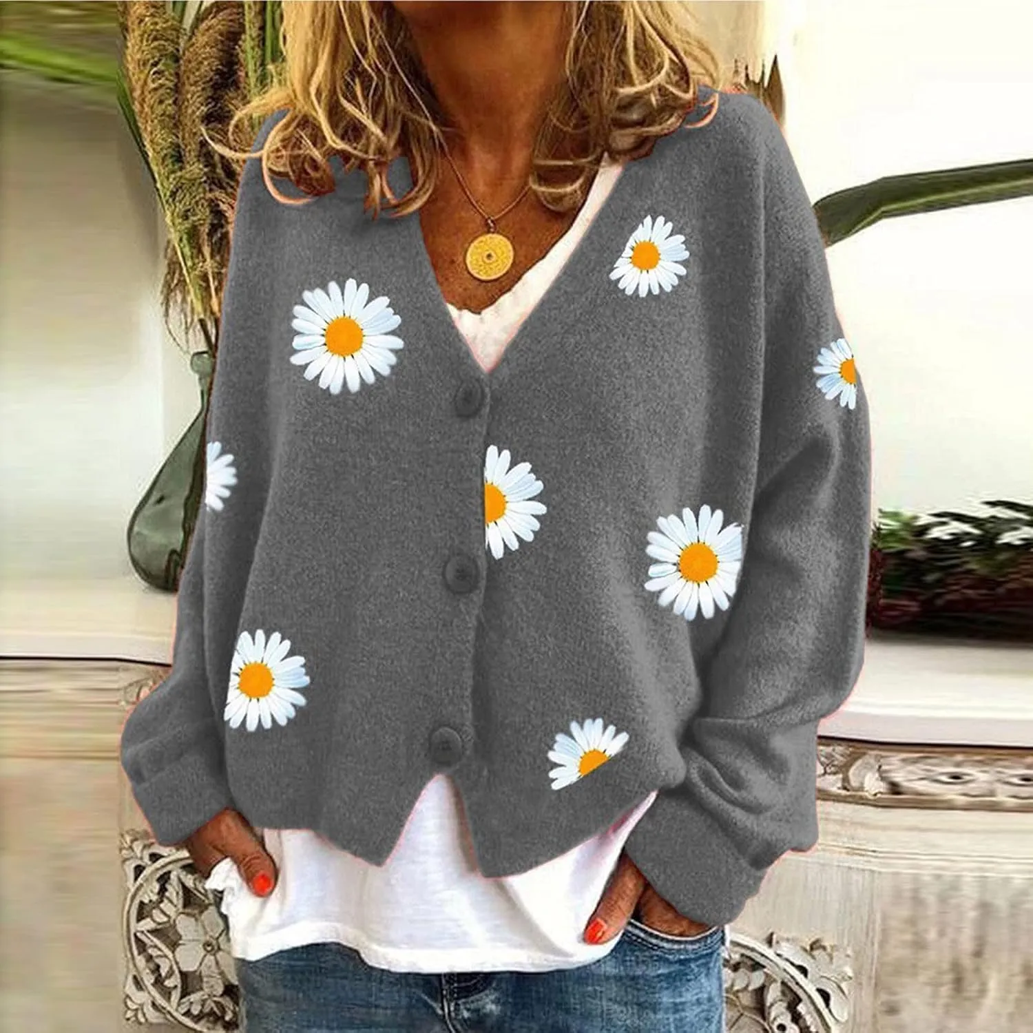 Women's Winter Casual Coats Fashion Floral Printed Long Sleeve Knitted Cardigan Sweater Coat Crop Button Jackets