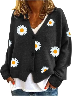 Women's Winter Casual Coats Fashion Floral Printed Long Sleeve Knitted Cardigan Sweater Coat Crop Button Jackets
