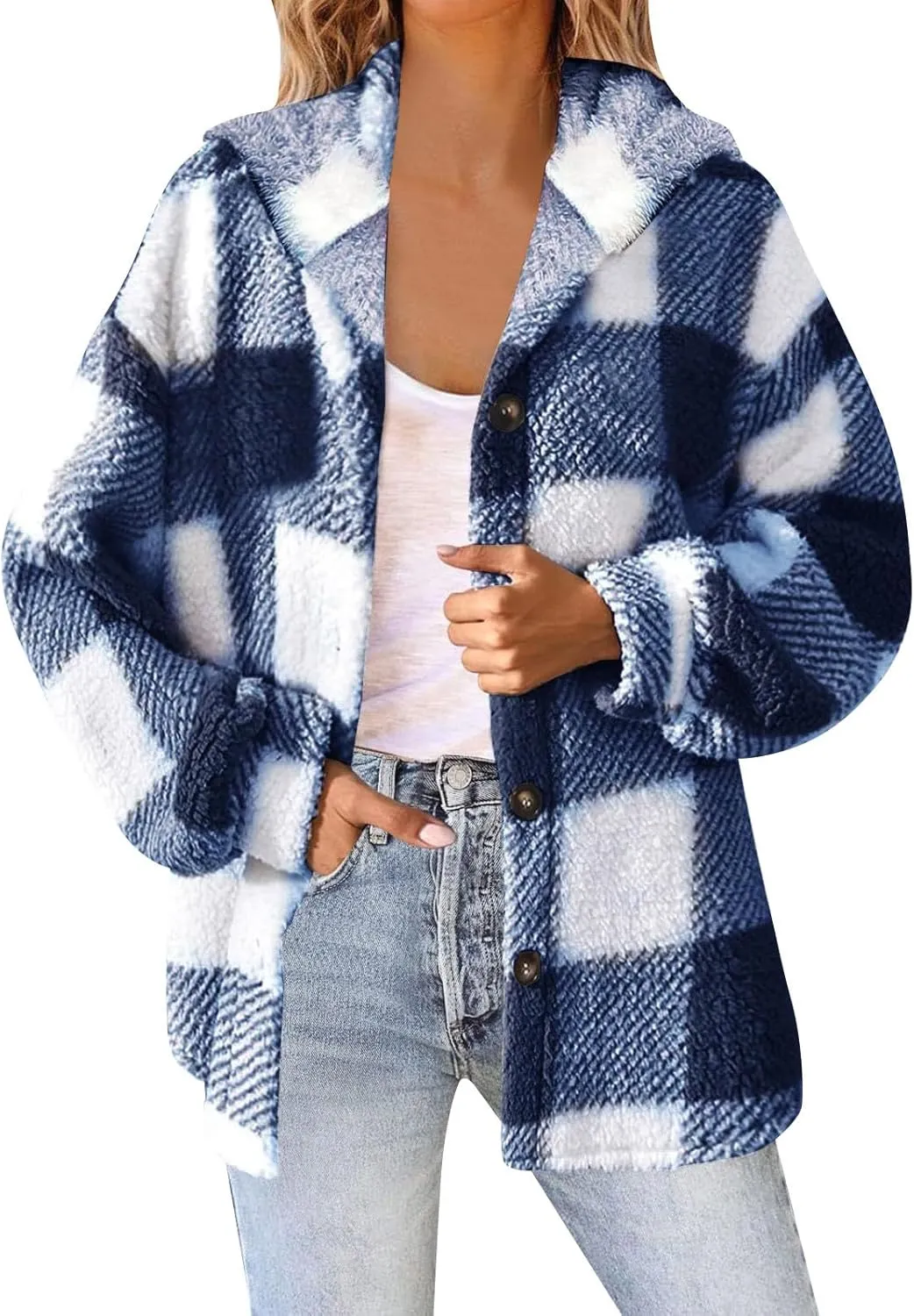 Womens Winter Coats Casual Fleece Jackets Hoodies Open Front Sherpa Warm Plaid Fuzzy Cardigans Trendy Outerwear