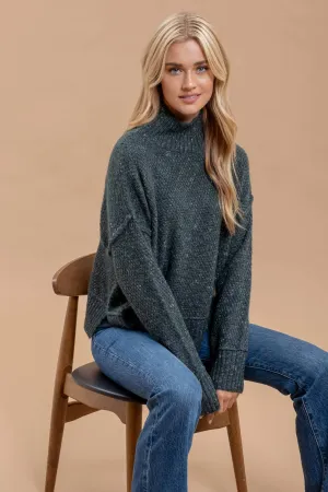 Wool Blend Textured Turtleneck Sweater in Charcoal and Dark Hunter