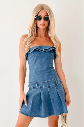 Work It Out Strapless Pleated Ruffle Mini Dress (Denim) Work It Out Strapless Pleated Ruffle Mini Dress (Denim)