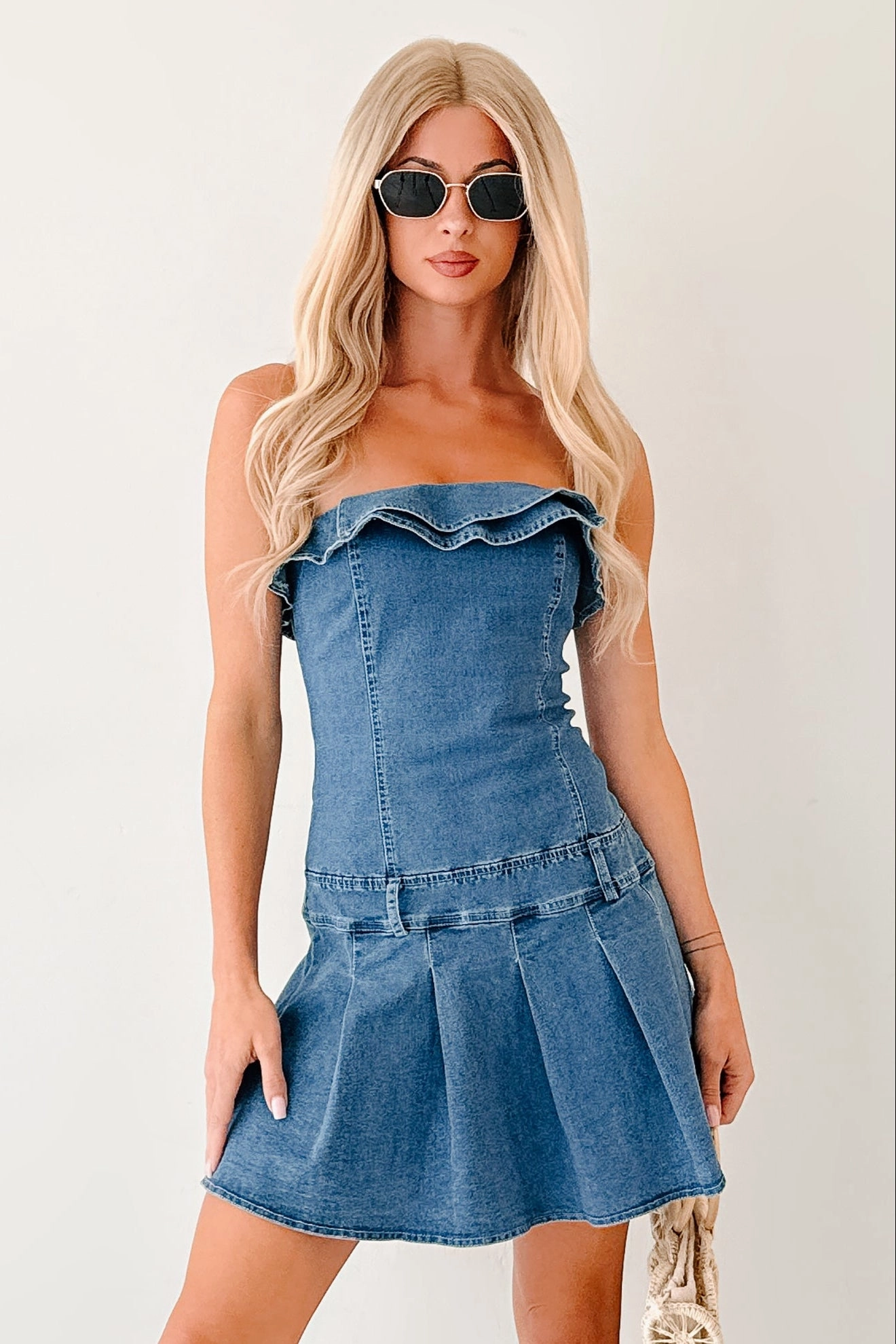 Work It Out Strapless Pleated Ruffle Mini Dress (Denim)