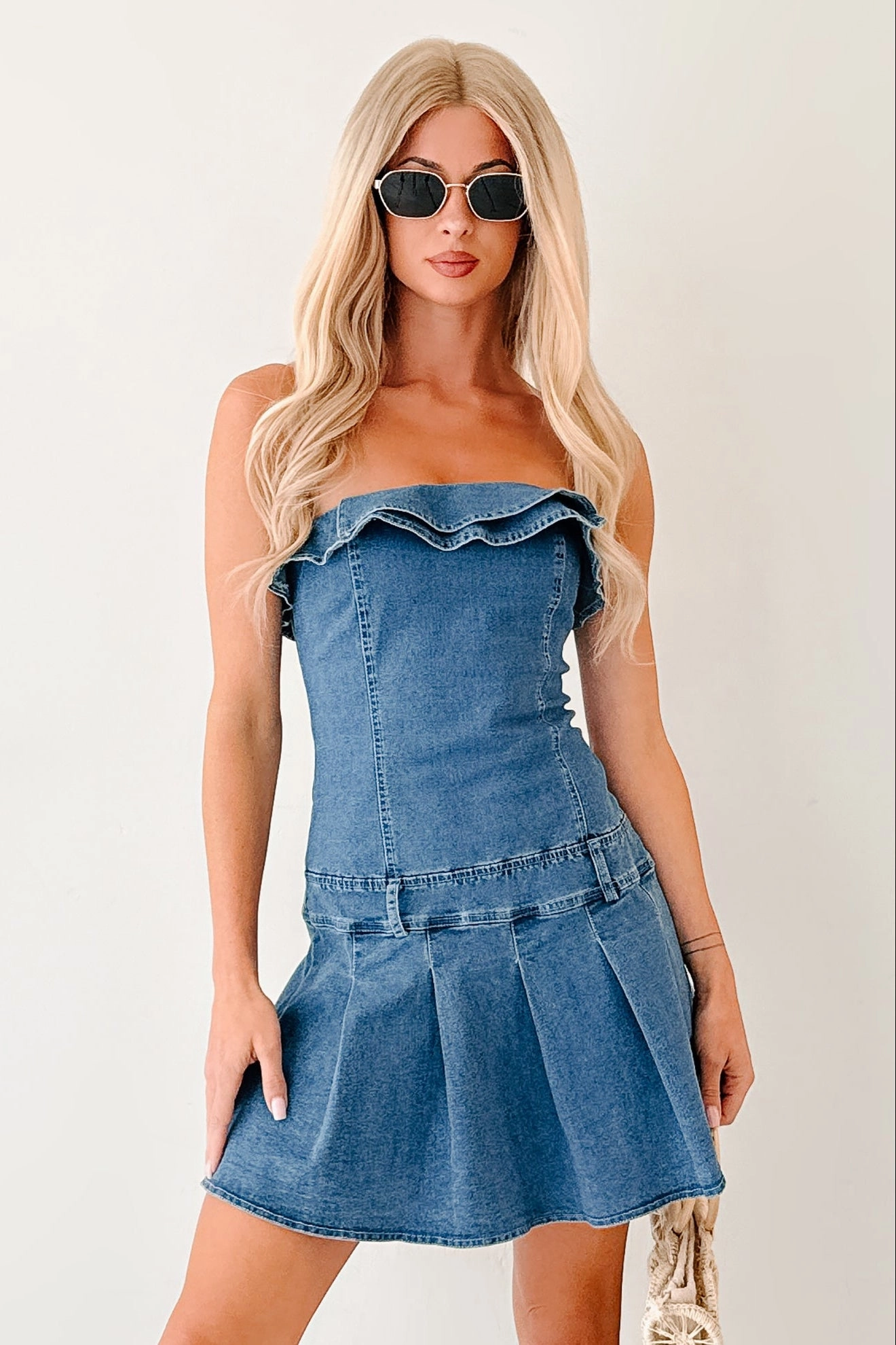 Work It Out Strapless Pleated Ruffle Mini Dress (Denim)