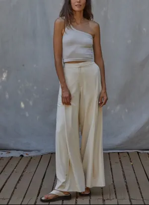 Woven High Waisted Wide Leg Trouser Pants In Creme By Together