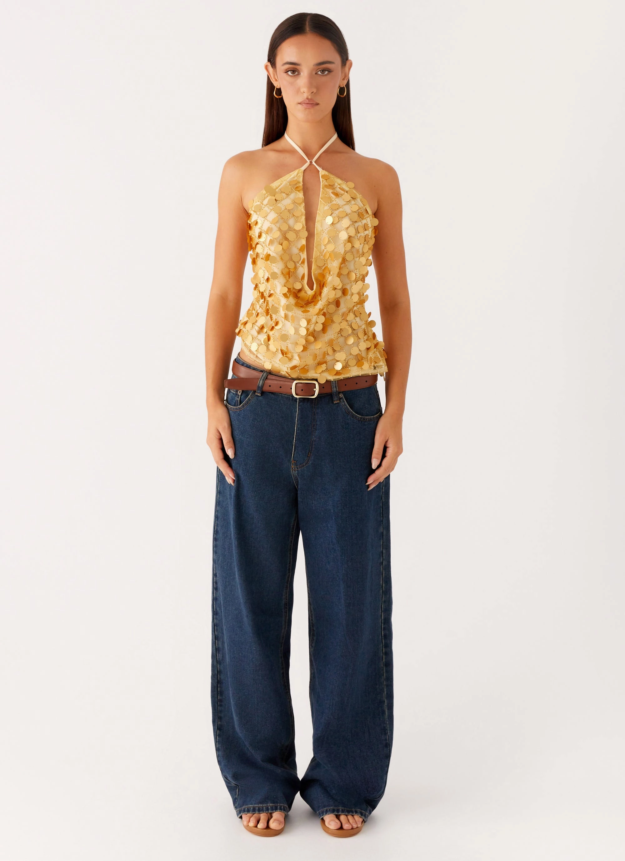 Xander Sequin Halter Top - Gold