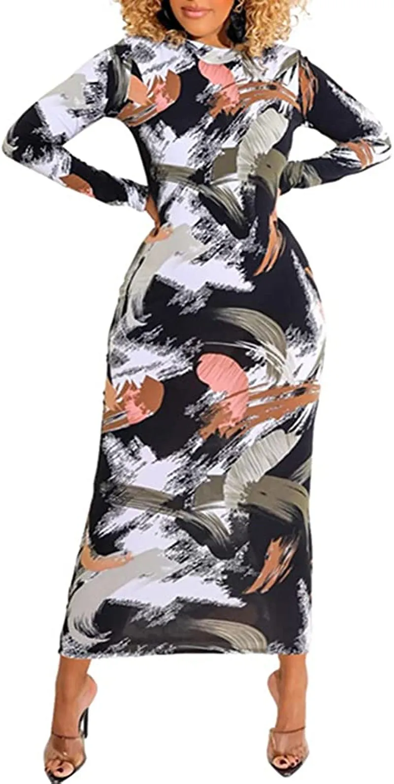 Xuan2Xuan3 Women'S Dresses Fall Long Sleeve Snake Printed Zipper Neck Knit Bodycon Evening Party Long Dress