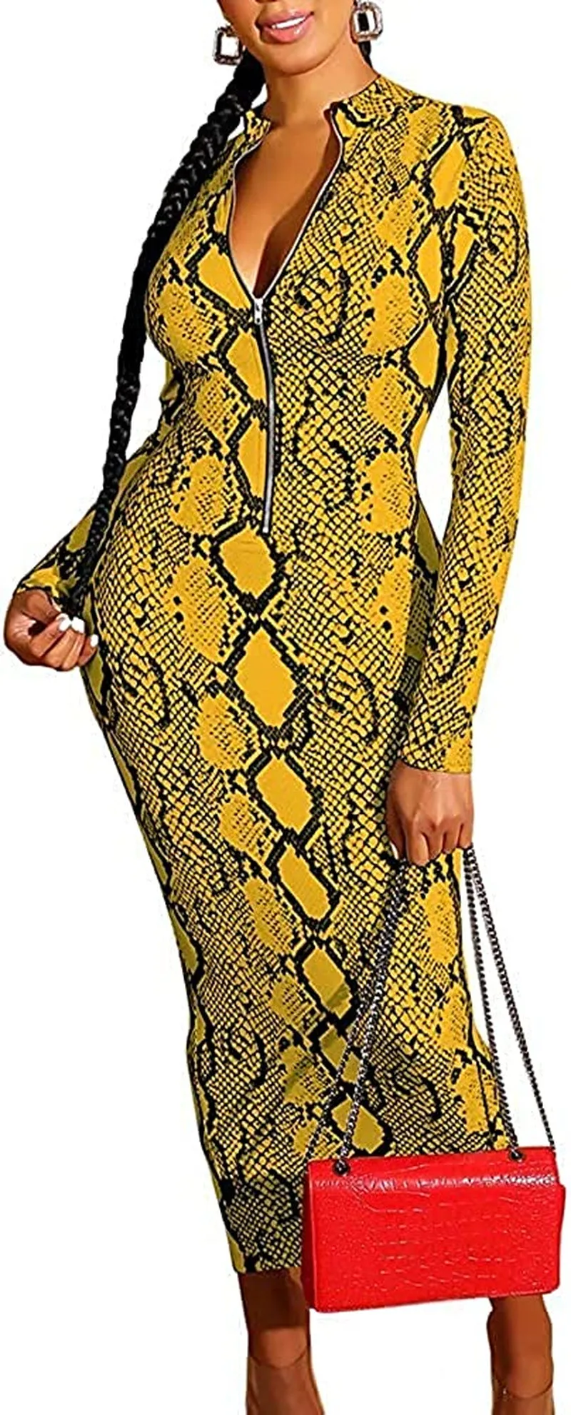 Xuan2Xuan3 Women'S Dresses Fall Long Sleeve Snake Printed Zipper Neck Knit Bodycon Evening Party Long Dress