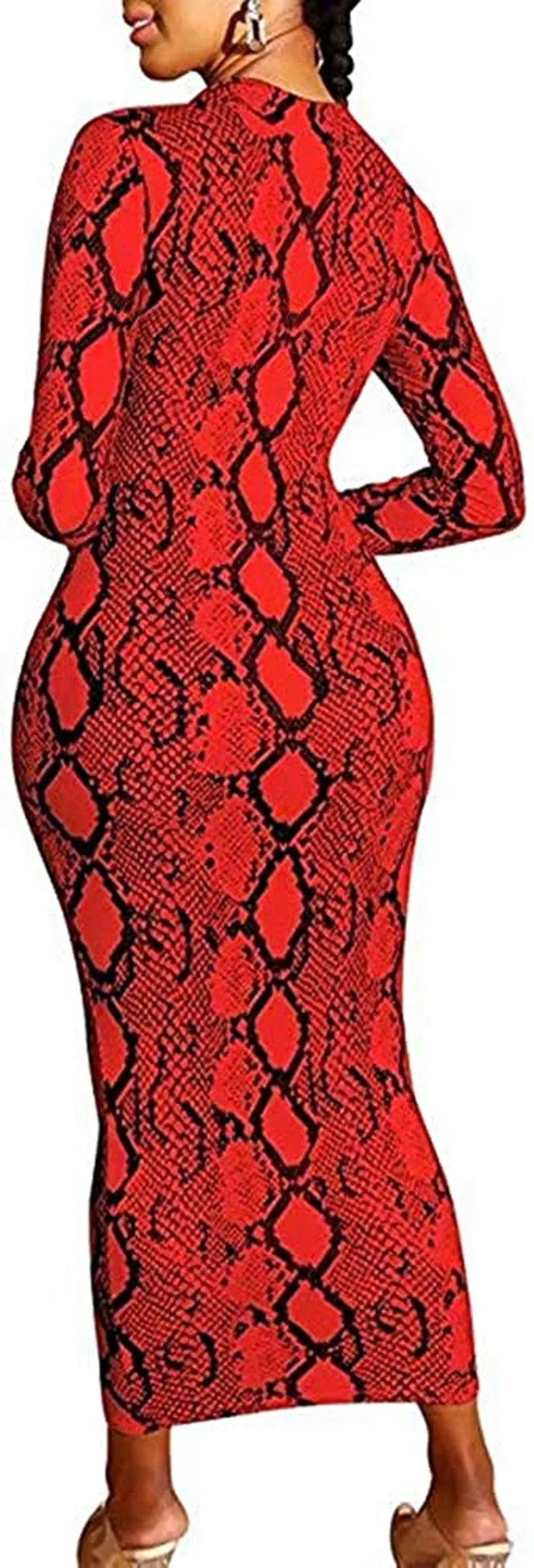Xuan2Xuan3 Women'S Dresses Fall Long Sleeve Snake Printed Zipper Neck Knit Bodycon Evening Party Long Dress