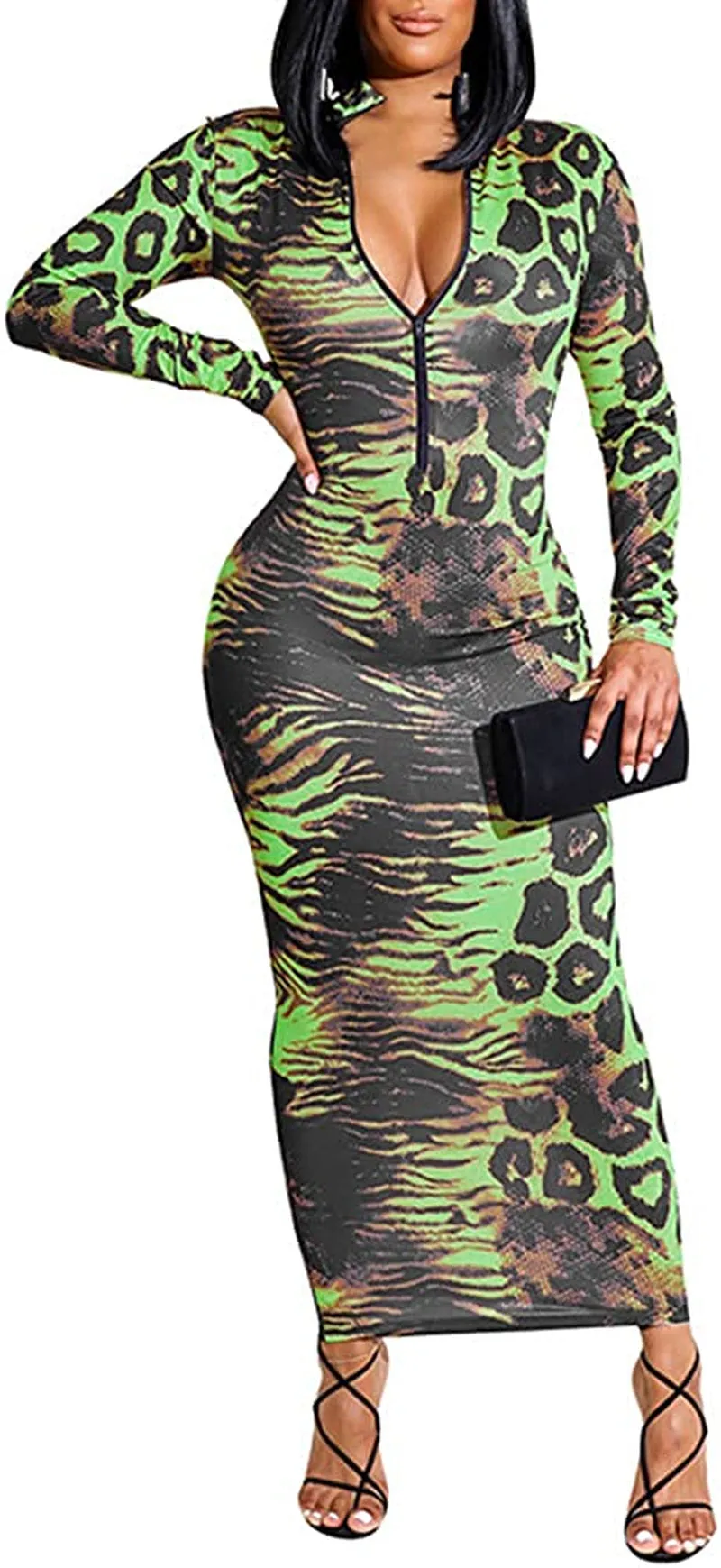Xuan2Xuan3 Women'S Dresses Fall Long Sleeve Snake Printed Zipper Neck Knit Bodycon Evening Party Long Dress
