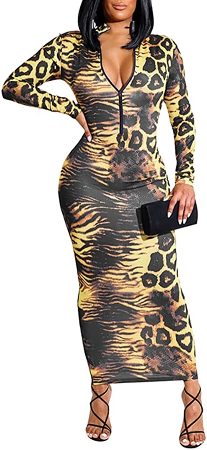 Xuan2Xuan3 Women'S Dresses Fall Long Sleeve Snake Printed Zipper Neck Knit Bodycon Evening Party Long Dress