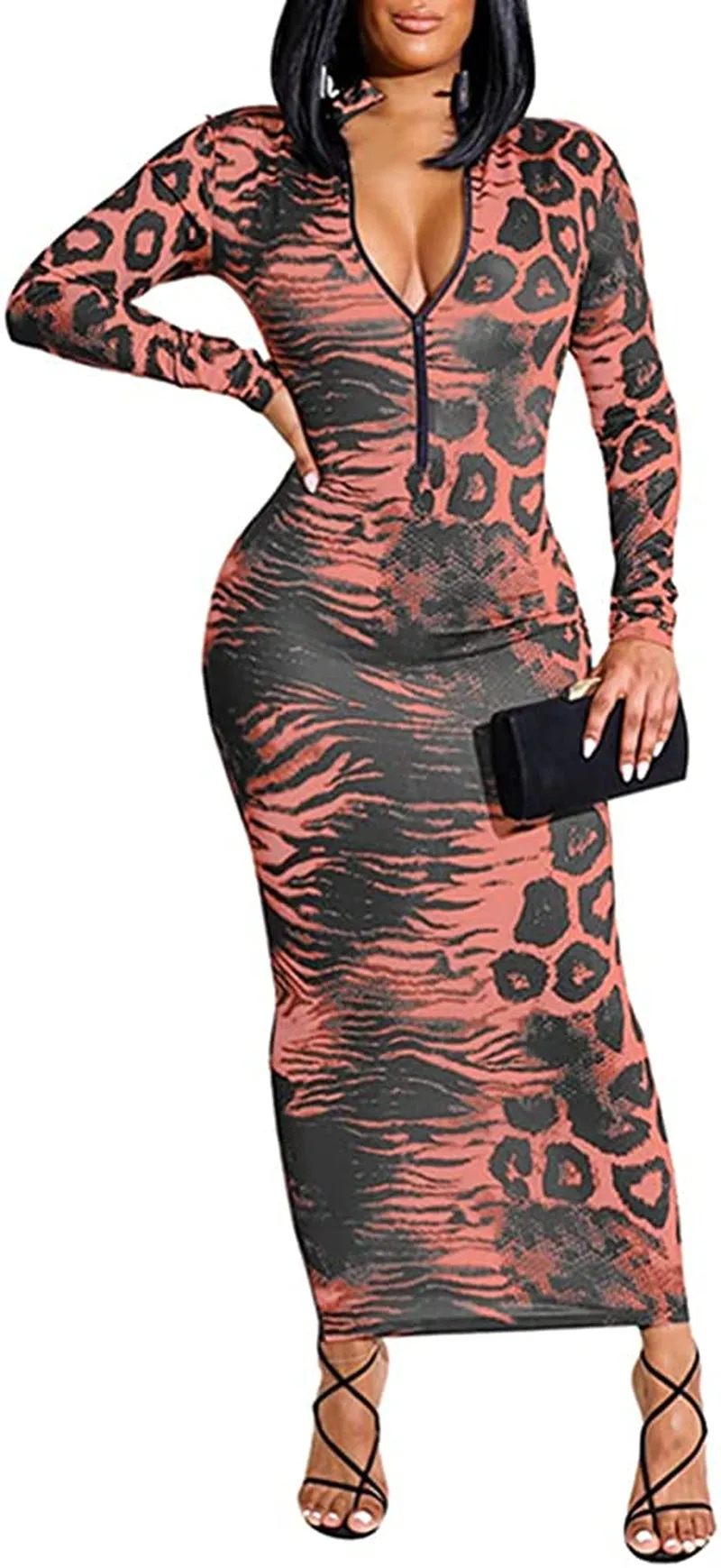 Xuan2Xuan3 Women'S Dresses Fall Long Sleeve Snake Printed Zipper Neck Knit Bodycon Evening Party Long Dress