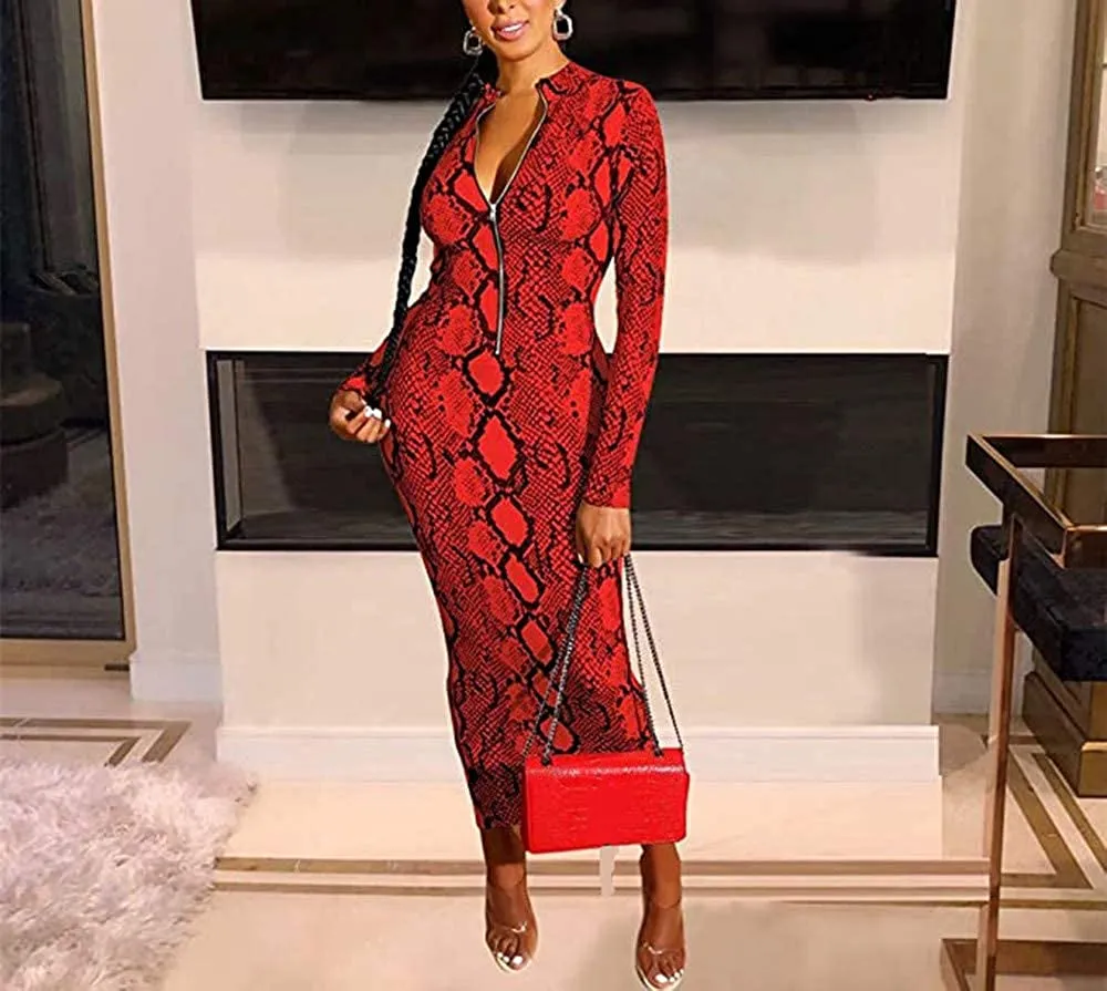 Xuan2Xuan3 Women'S Dresses Fall Long Sleeve Snake Printed Zipper Neck Knit Bodycon Evening Party Long Dress