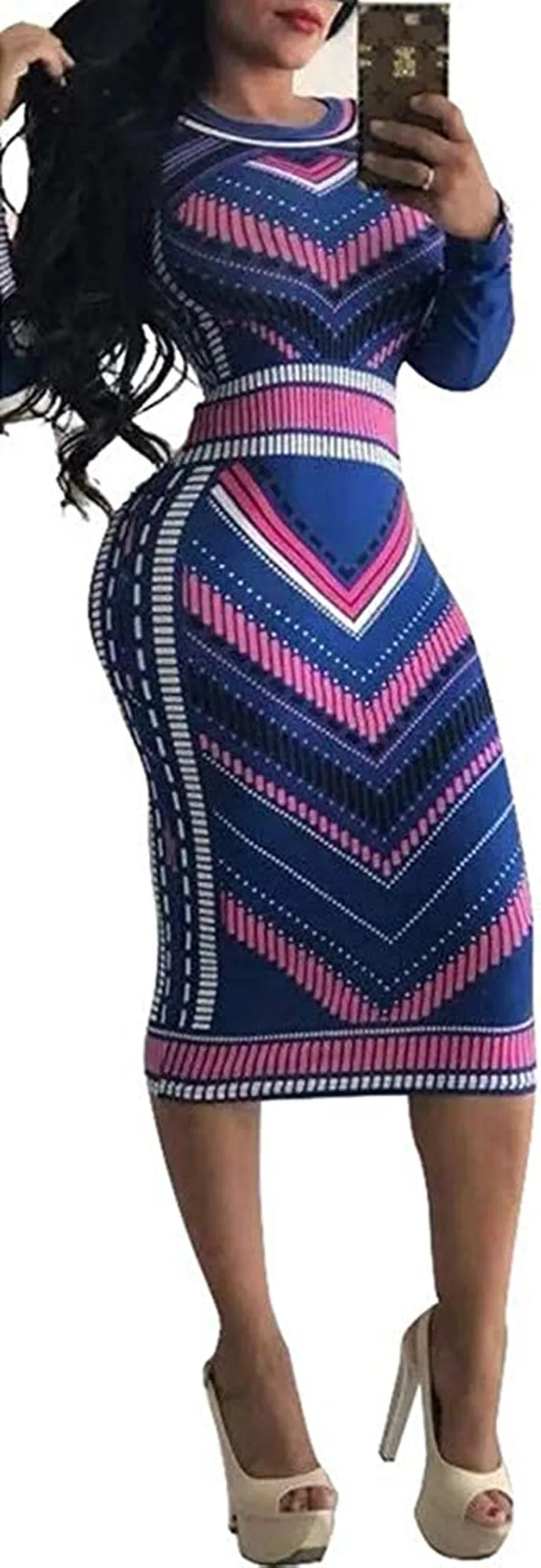 Xuan2Xuan3 Women'S Dresses Fall Long Sleeve Snake Printed Zipper Neck Knit Bodycon Evening Party Long Dress
