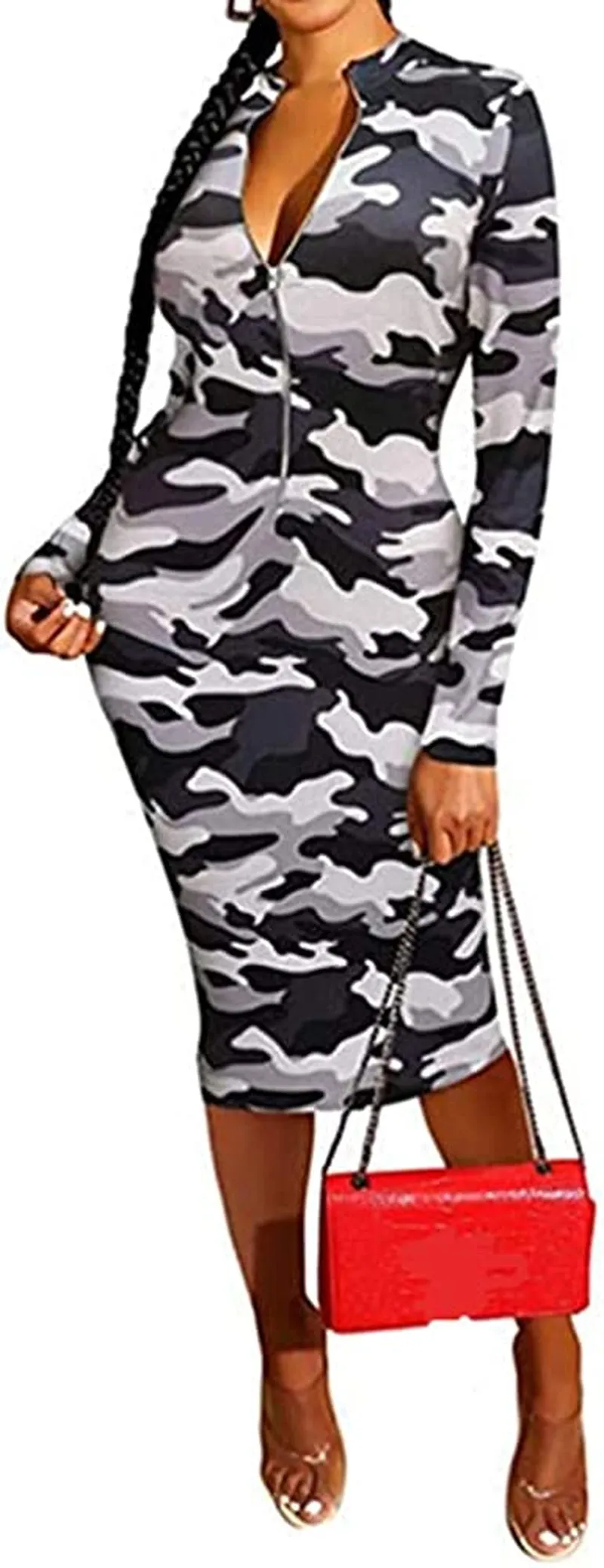 Xuan2Xuan3 Women'S Dresses Fall Long Sleeve Snake Printed Zipper Neck Knit Bodycon Evening Party Long Dress