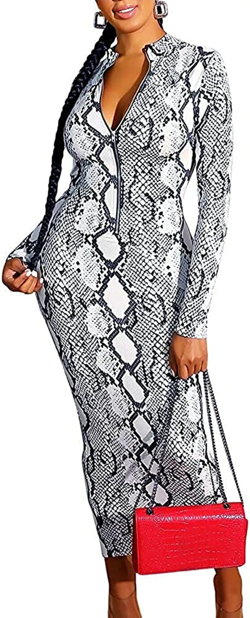 Xuan2Xuan3 Women'S Dresses Fall Long Sleeve Snake Printed Zipper Neck Knit Bodycon Evening Party Long Dress
