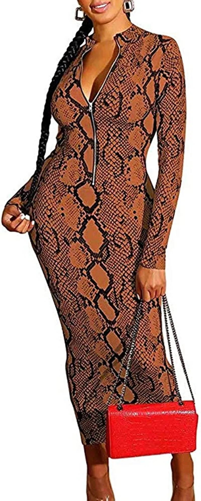 Xuan2Xuan3 Women'S Dresses Fall Long Sleeve Snake Printed Zipper Neck Knit Bodycon Evening Party Long Dress