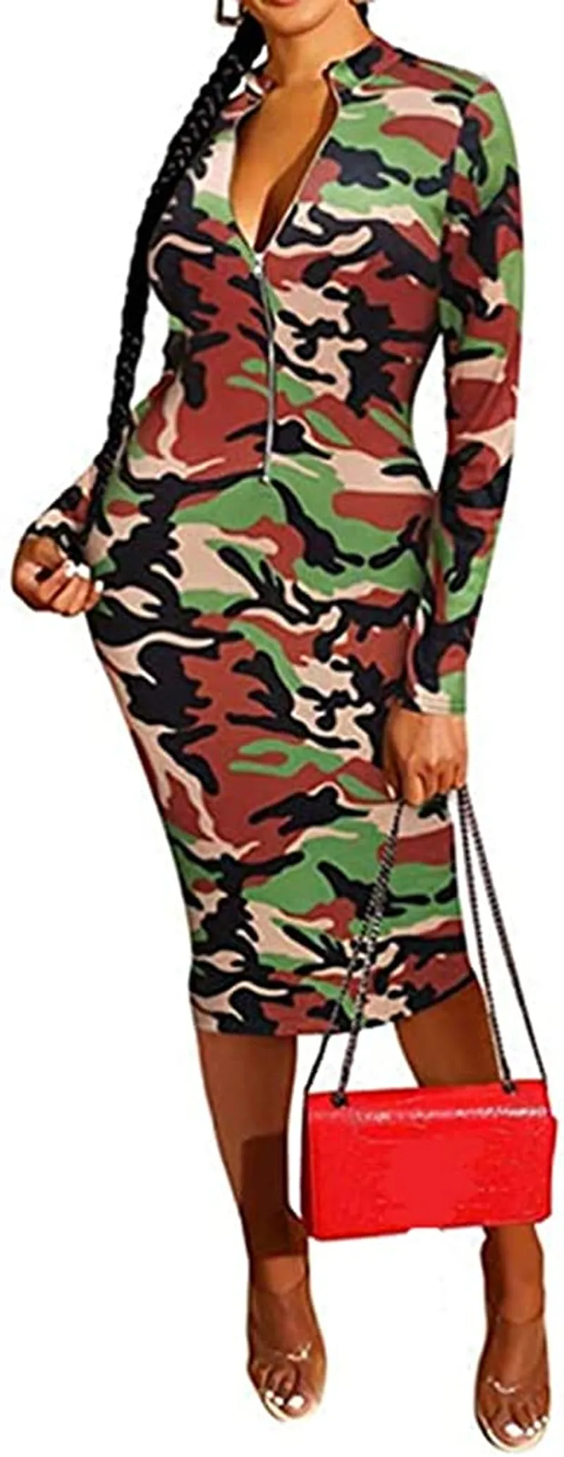 Xuan2Xuan3 Women'S Dresses Fall Long Sleeve Snake Printed Zipper Neck Knit Bodycon Evening Party Long Dress