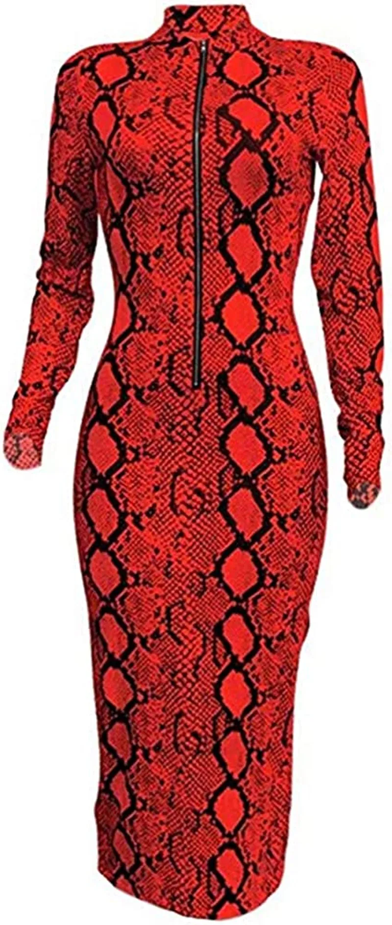 Xuan2Xuan3 Women'S Dresses Fall Long Sleeve Snake Printed Zipper Neck Knit Bodycon Evening Party Long Dress