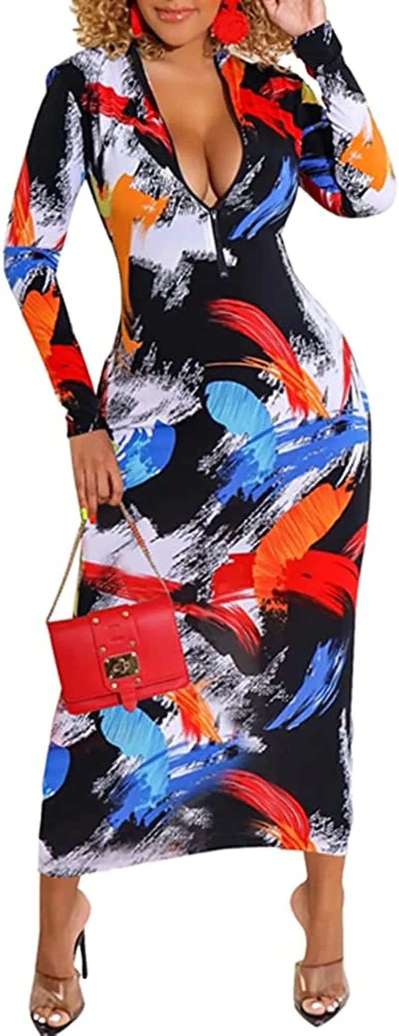 Xuan2Xuan3 Women'S Dresses Fall Long Sleeve Snake Printed Zipper Neck Knit Bodycon Evening Party Long Dress