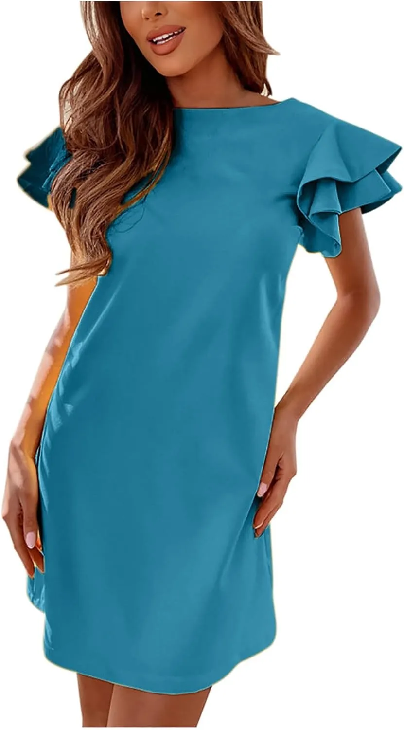 XUNRYAN Summer Dresses for Women 2022 Trendy Tiered Ruffle Sleeve Solid Backless Zipper Shift Mini Dress Party Dresses