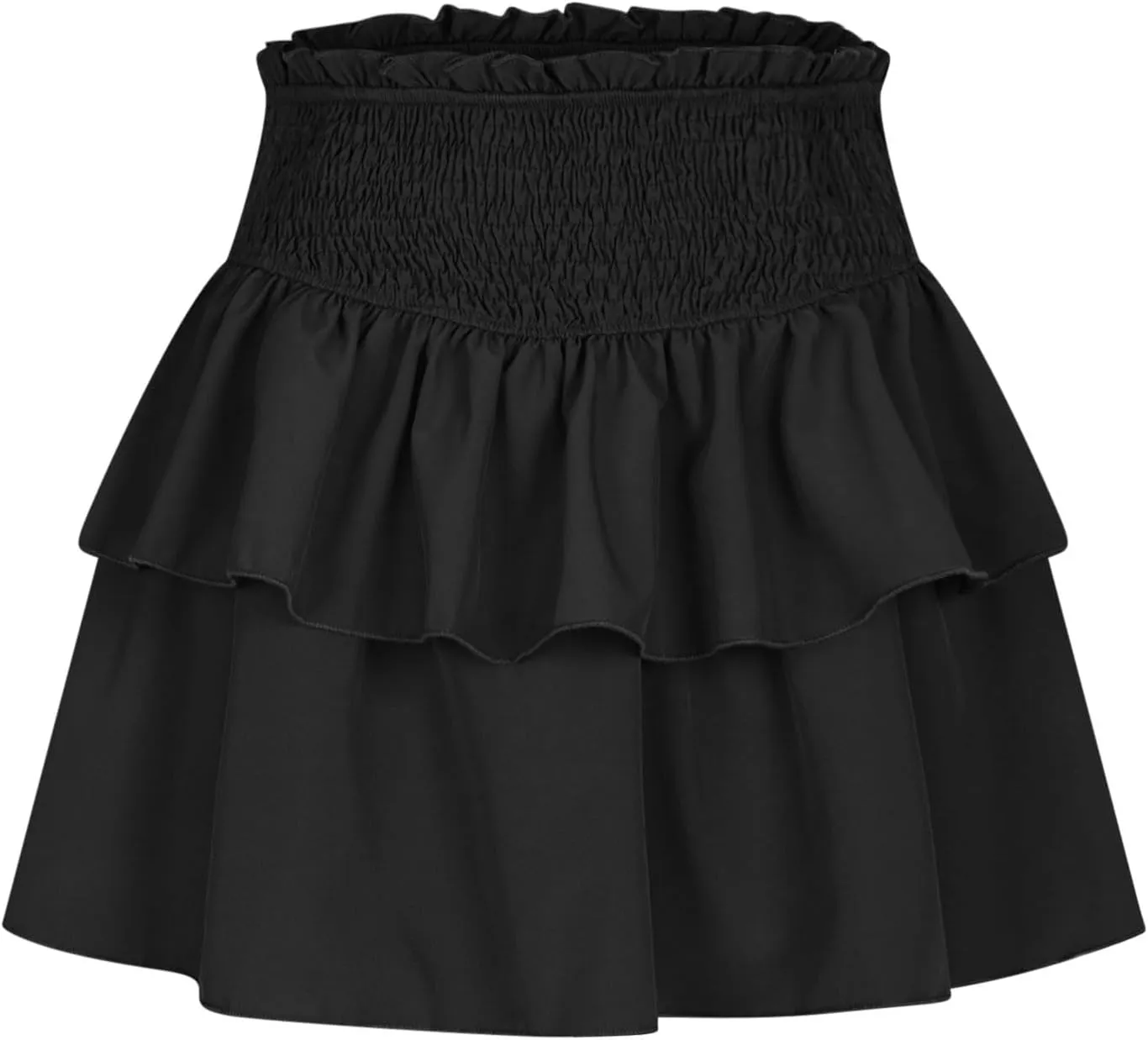XUNRYAN Womens Summer Boho Skirts Trendy Tiered Ruffle Smocked High Waist Mini Skirt Casual Beach Holiday Vacation Outfit