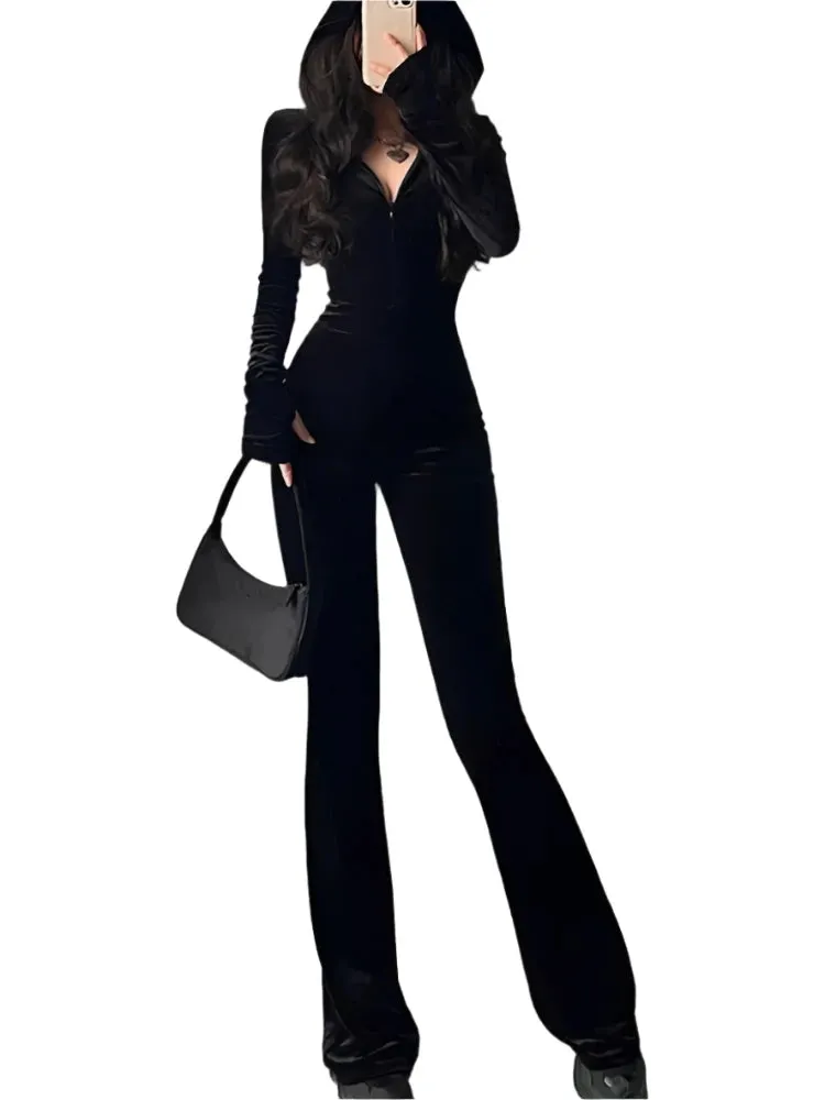 Y2K Sexy Black Velvet Bodycon Jumpsuit - Hooded Zipper, Flare Pants