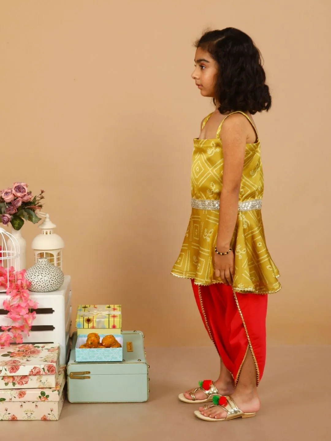 Yellow Pink Bandhani with Tulip Pants for Girls