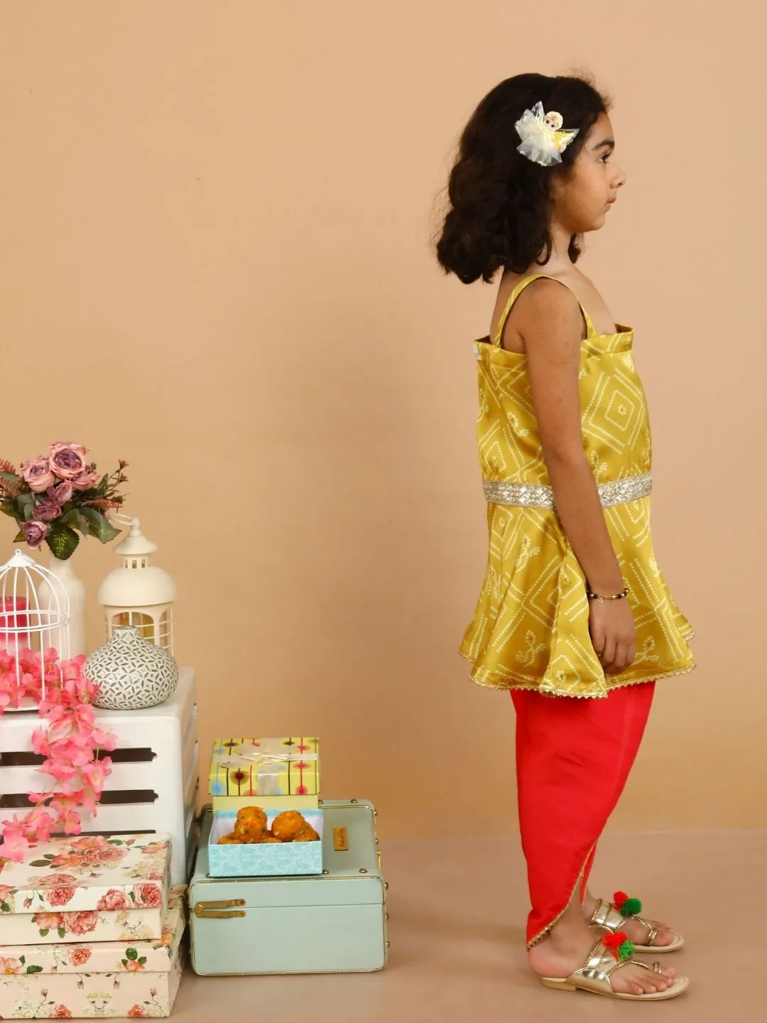 Yellow Pink Bandhani with Tulip Pants for Girls