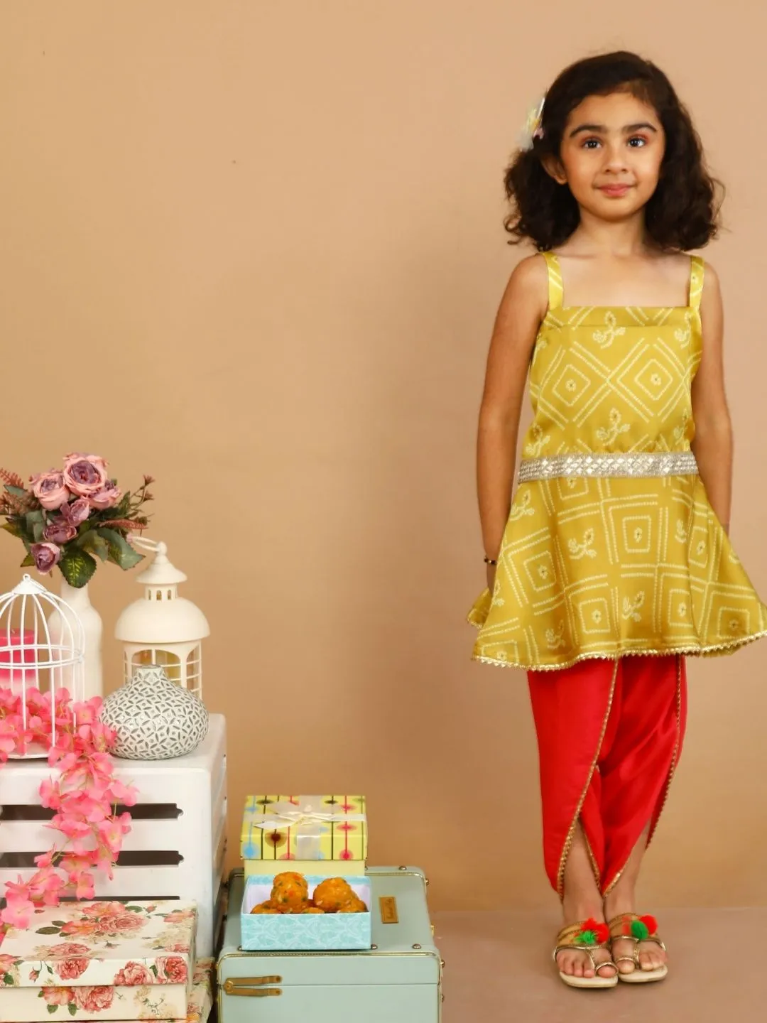 Yellow Pink Bandhani with Tulip Pants for Girls